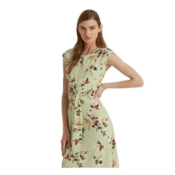 Lauren Ralph Lauren Petite Floral Cap Sleeve Dress Sage Green Size 14P MSRP $145 - Picture 2 of 3